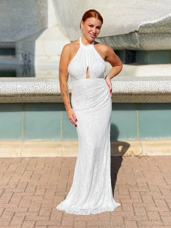 Vestido de novia Alexandra con corte sirena, encaje y escote halter