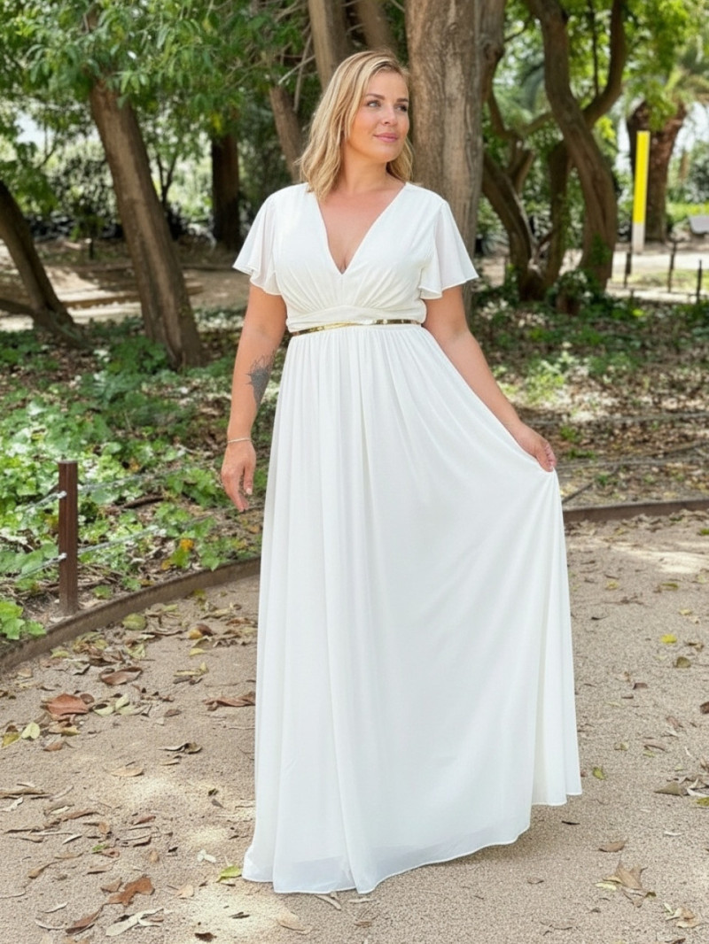 Vestido de novia económico talla grande en gasa blanca