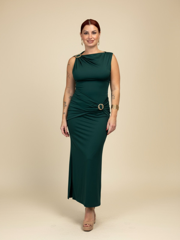 Vestido midi de invitada verde con detalle dorado en hombro