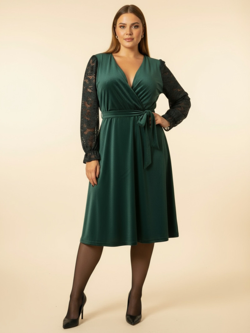 vestido de fiesta talla grande verde con mangas de encaje