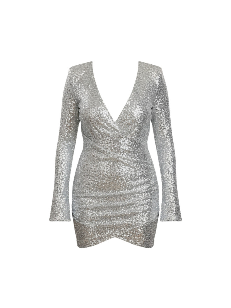 Vestido de fiesta corto plateado con lentejuelas y escote cruzado | Vestidos Araya Vestido de fiesta corto plateado con lentejuelas y escote cruzado | Vestidos Araya