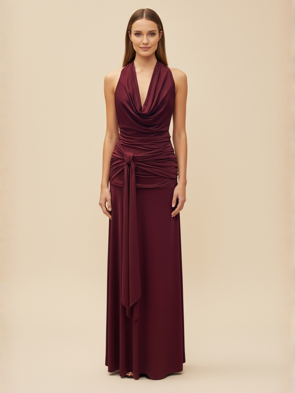 Vestido largo chocolate con escote drapeado y espalda descubierta | Vestidos Araya Vestido largo chocolate con escote drapeado y espalda descubierta | Vestidos Araya