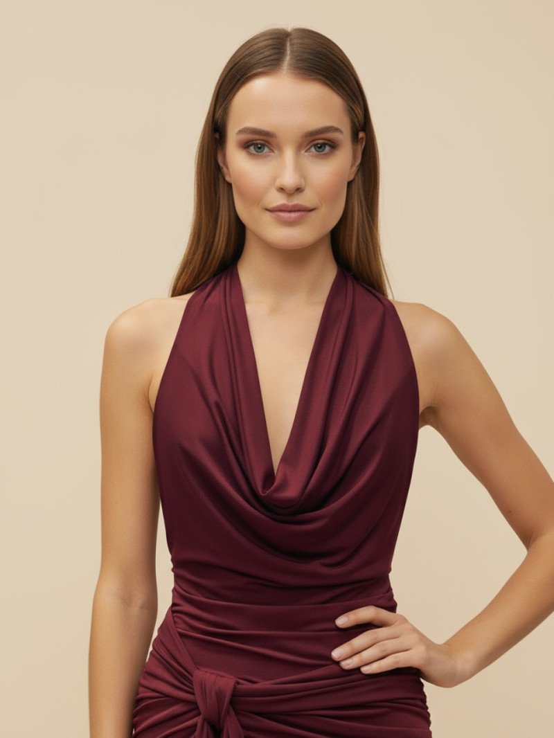 Vestido largo chocolate con escote drapeado y espalda descubierta | Vestidos Araya Vestido largo chocolate con escote drapeado y espalda descubierta | Vestidos Araya