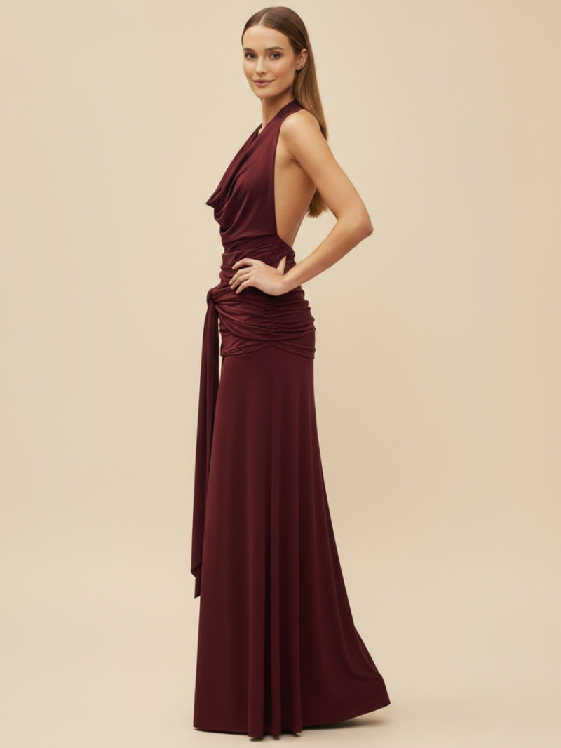 Vestido largo chocolate con escote drapeado y espalda descubierta | Vestidos Araya Vestido largo chocolate con escote drapeado y espalda descubierta | Vestidos Araya
