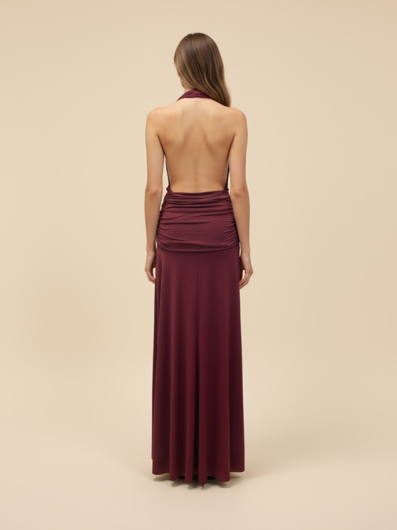Vestido largo chocolate con escote drapeado y espalda descubierta | Vestidos Araya Vestido largo chocolate con escote drapeado y espalda descubierta | Vestidos Araya