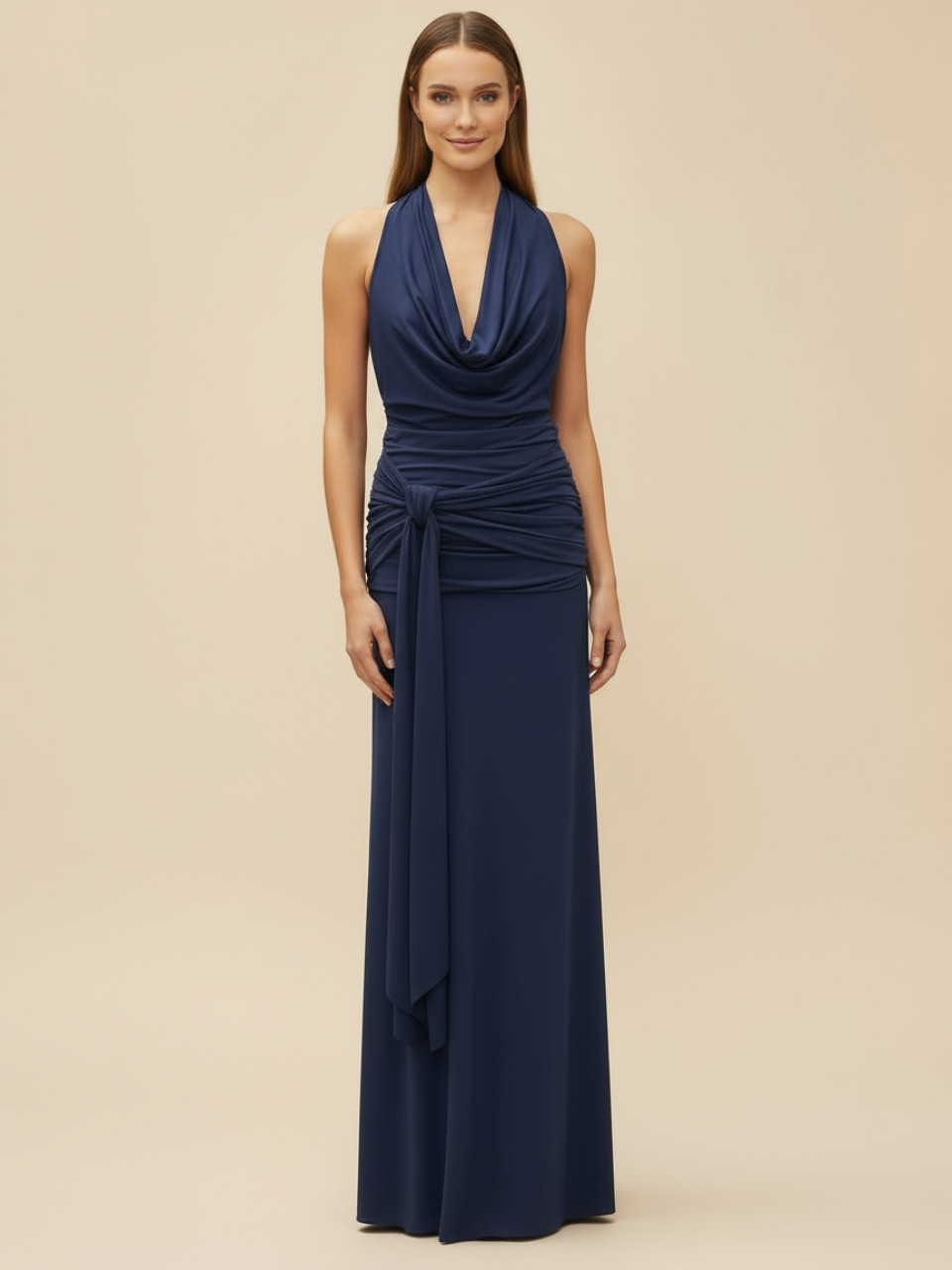 Vestido largo chocolate con escote drapeado y espalda descubierta | Vestidos Araya Vestido largo chocolate con escote drapeado y espalda descubierta | Vestidos Araya