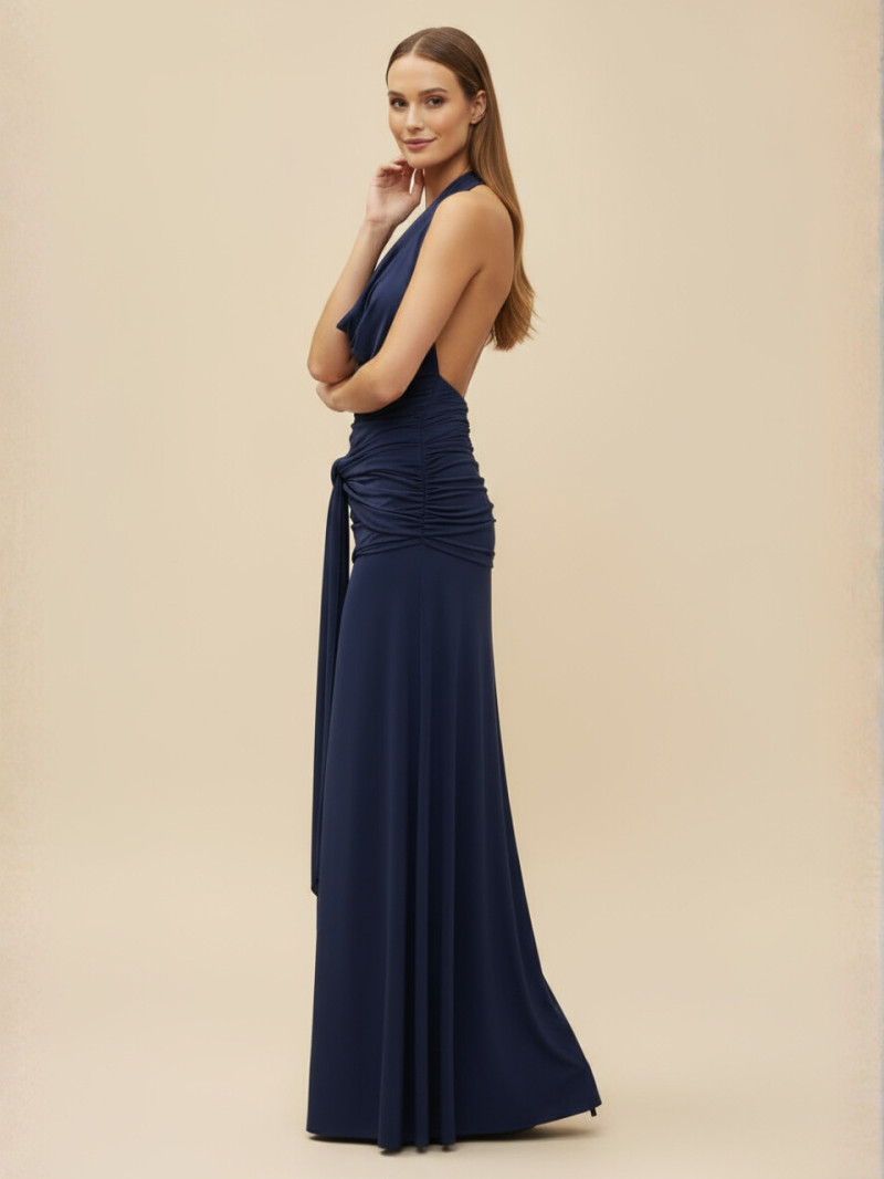 Vestido largo chocolate con escote drapeado y espalda descubierta | Vestidos Araya Vestido largo chocolate con escote drapeado y espalda descubierta | Vestidos Araya