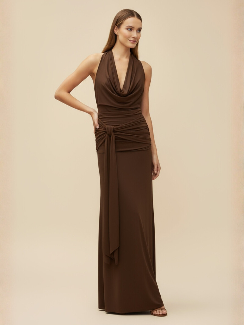 Vestido largo chocolate con escote drapeado y espalda descubierta | Vestidos Araya Vestido largo chocolate con escote drapeado y espalda descubierta | Vestidos Araya