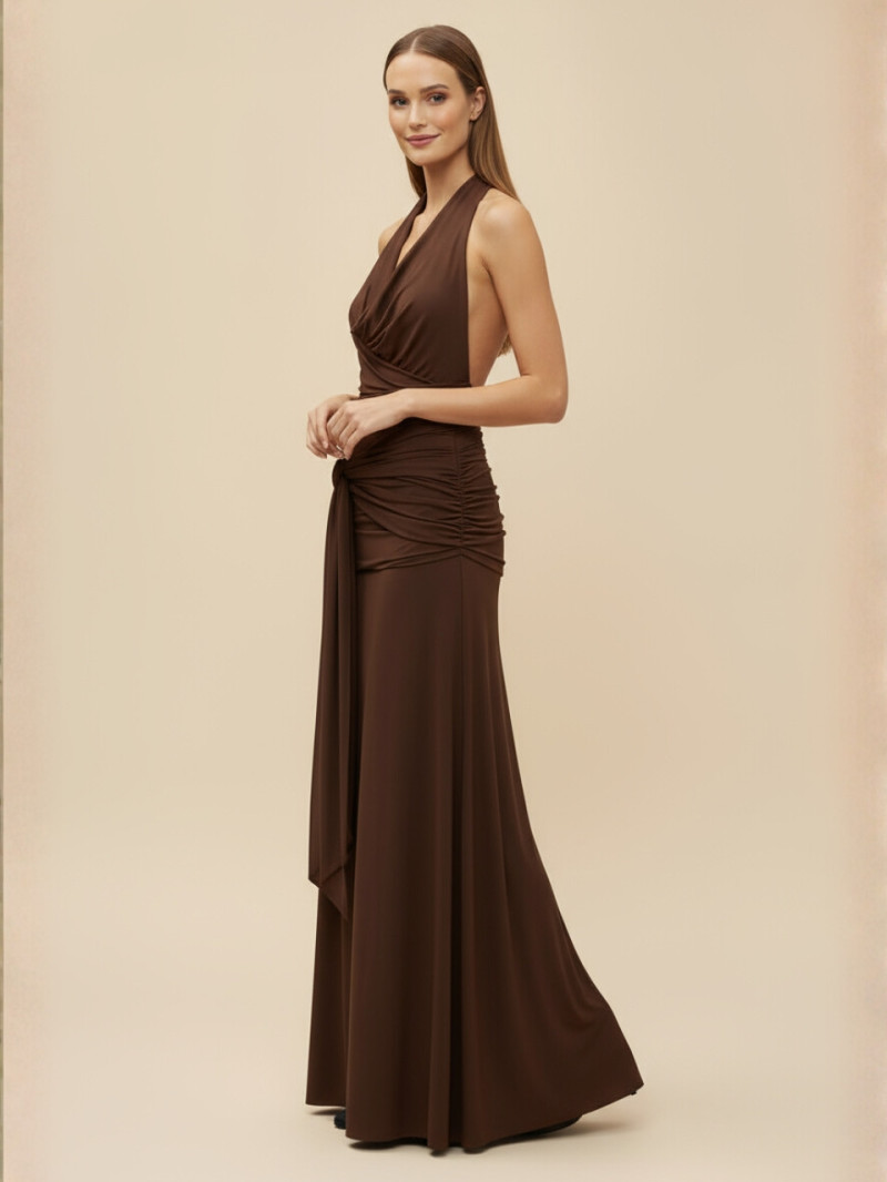 Vestido largo chocolate con escote drapeado y espalda descubierta | Vestidos Araya Vestido largo chocolate con escote drapeado y espalda descubierta | Vestidos Araya