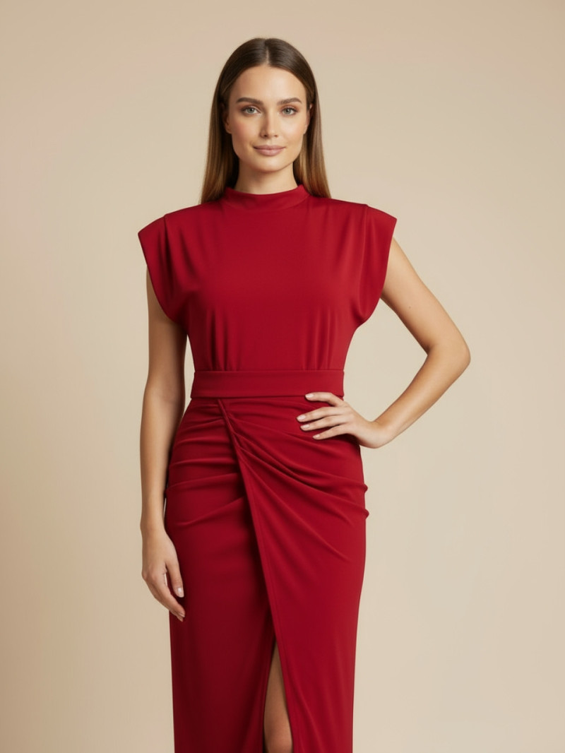 Vestido largo de fiesta rojo con drapeado y abertura lateral | Vestidos Araya Vestido largo de fiesta rojo con drapeado y abertura lateral | Vestidos Araya
