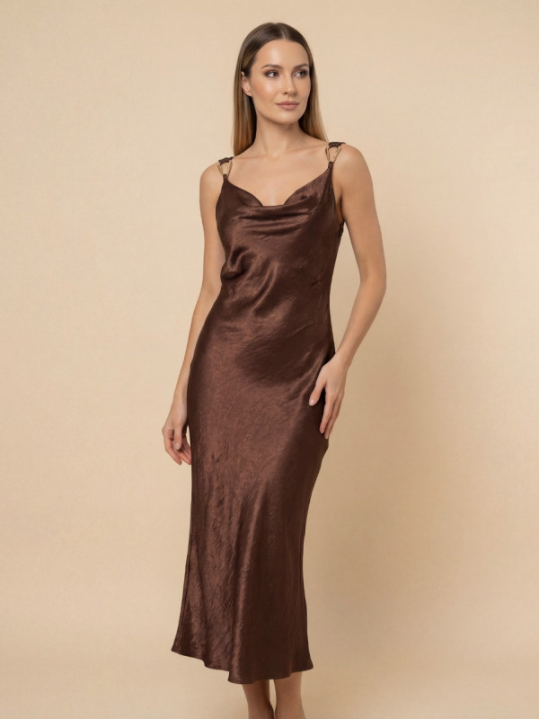 vestido midi satinado marrón tirantes aro frontal