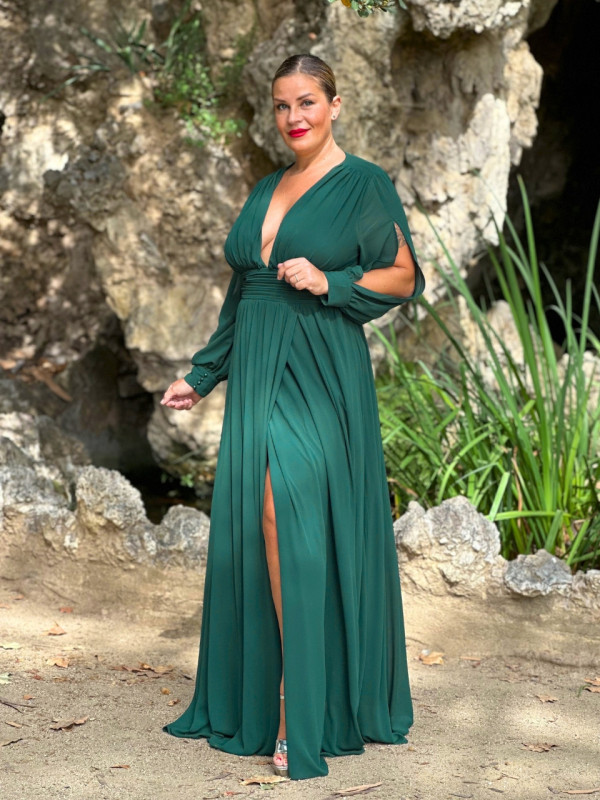Vestido de invitada talla grande manga larga azul marino o verde botella | Vestidos Araya