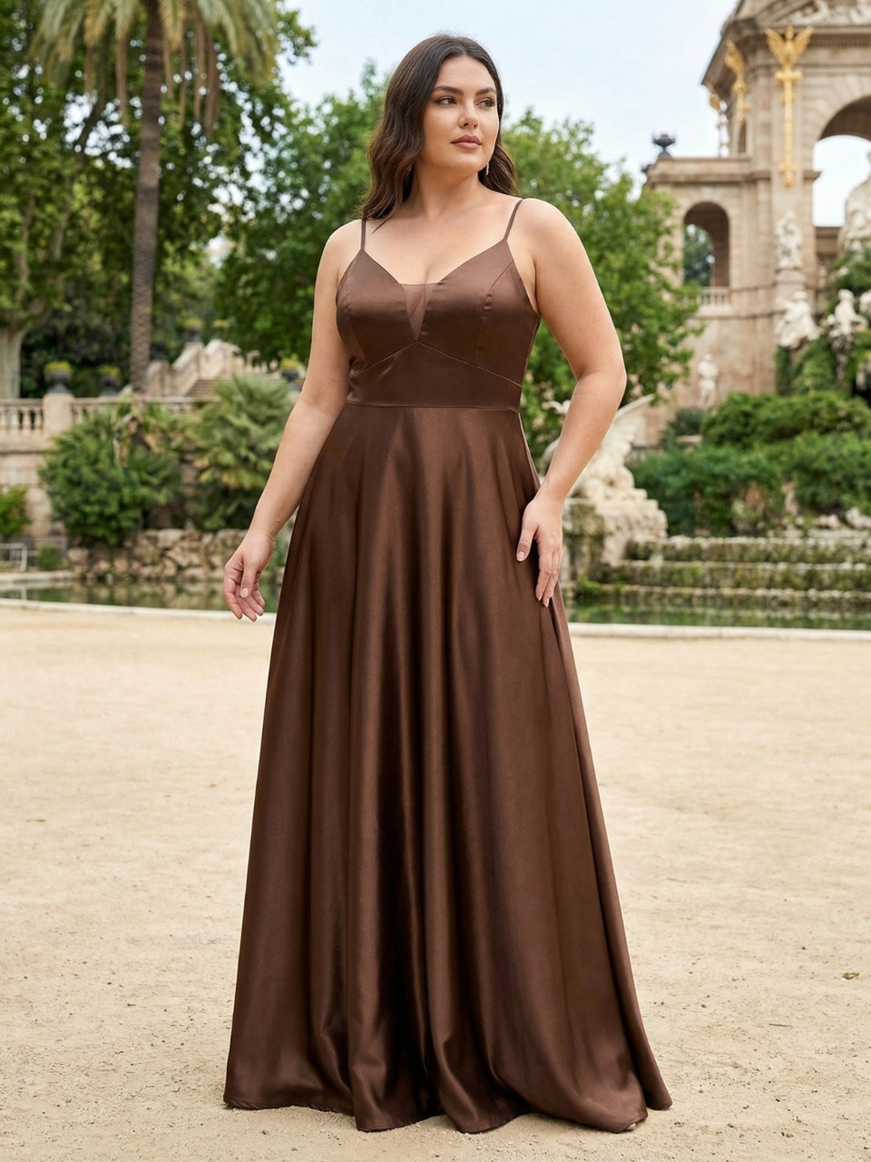 vestido de invitada talla grande raso marron chocolate largo