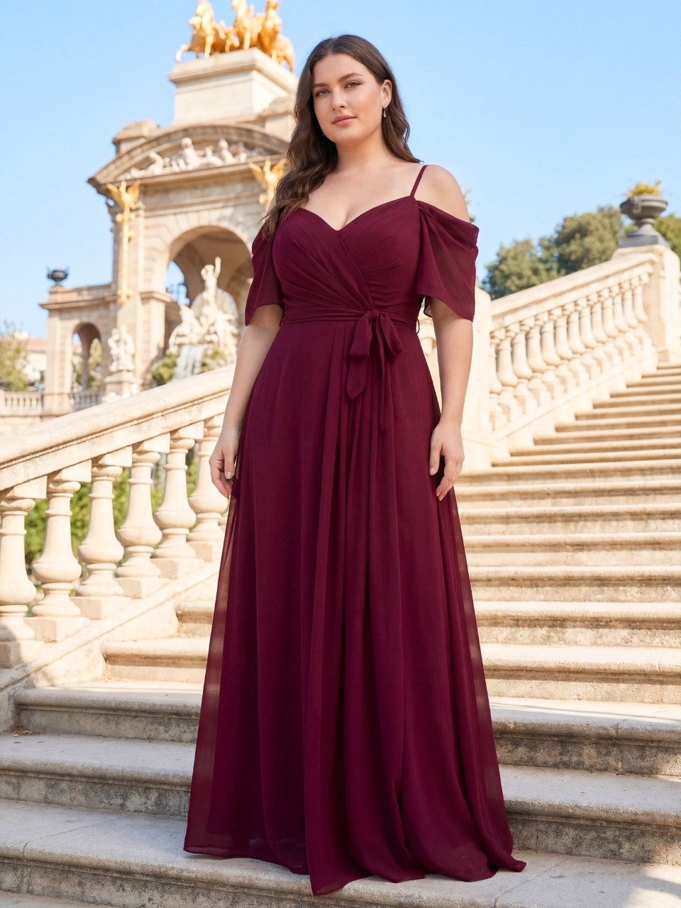 Vestido invitada talla grande burdeos frontal