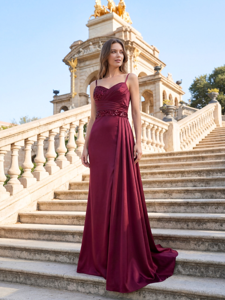 Vestido invitada largo burdeos y marino elegante Victoria