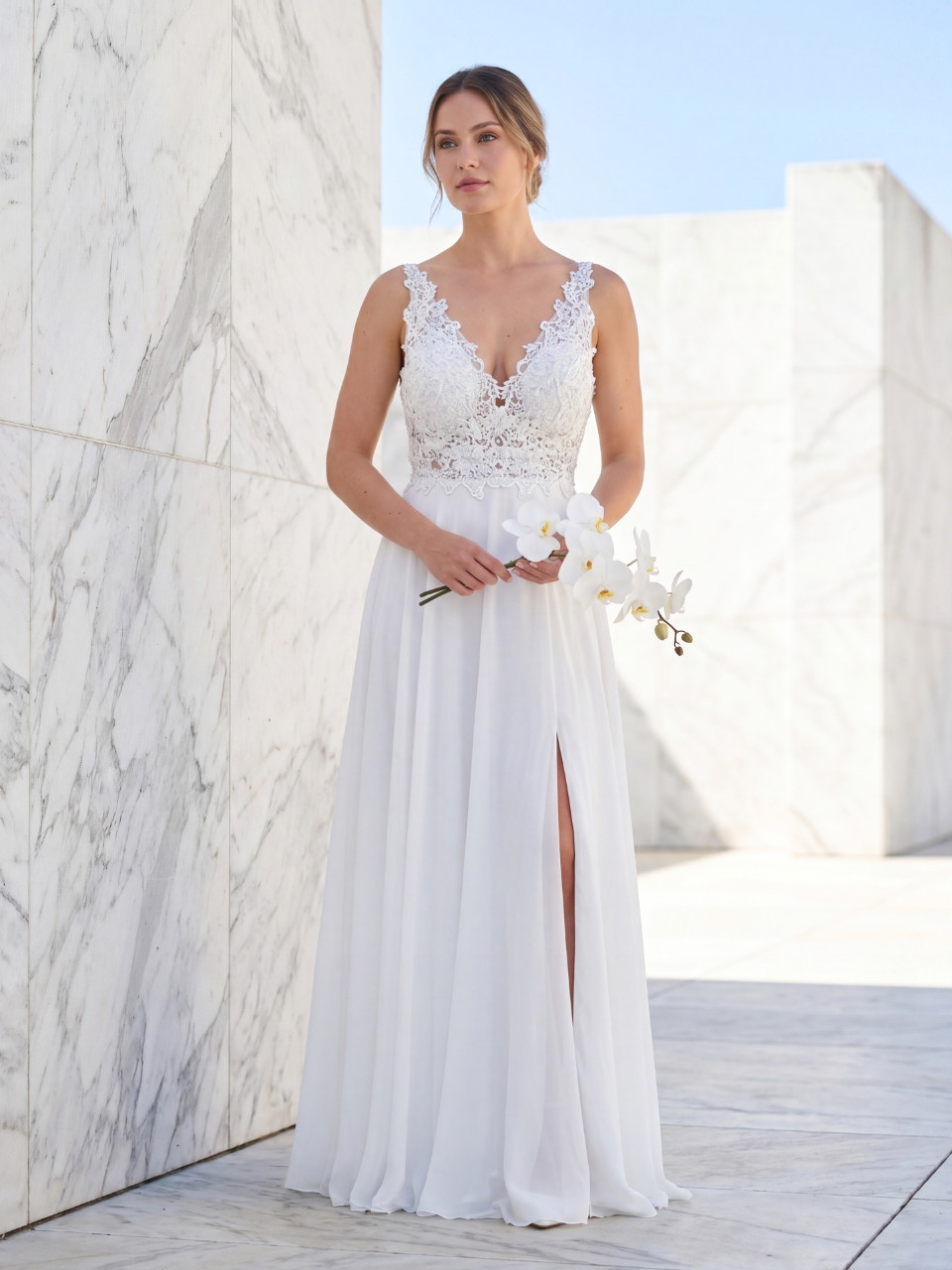 Vestido de novia con encaje y abertura | Modelo Gala S-L desde 159 € – Vestidos Araya