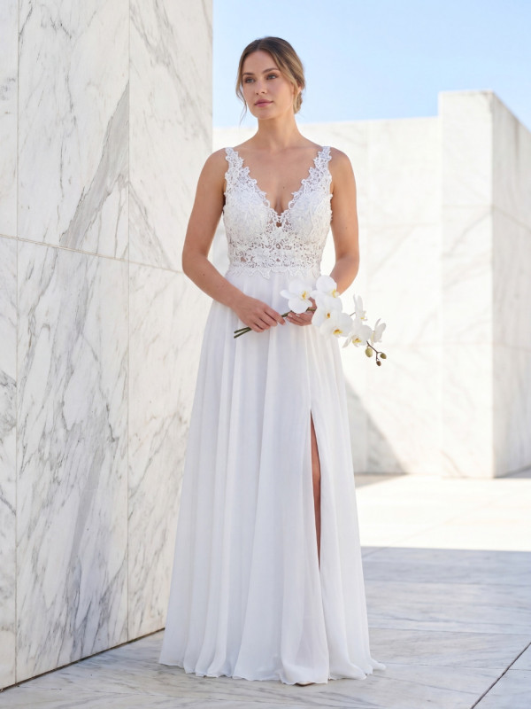 Vestido de novia con encaje y abertura | Modelo Gala S-L desde 159 € – Vestidos Araya