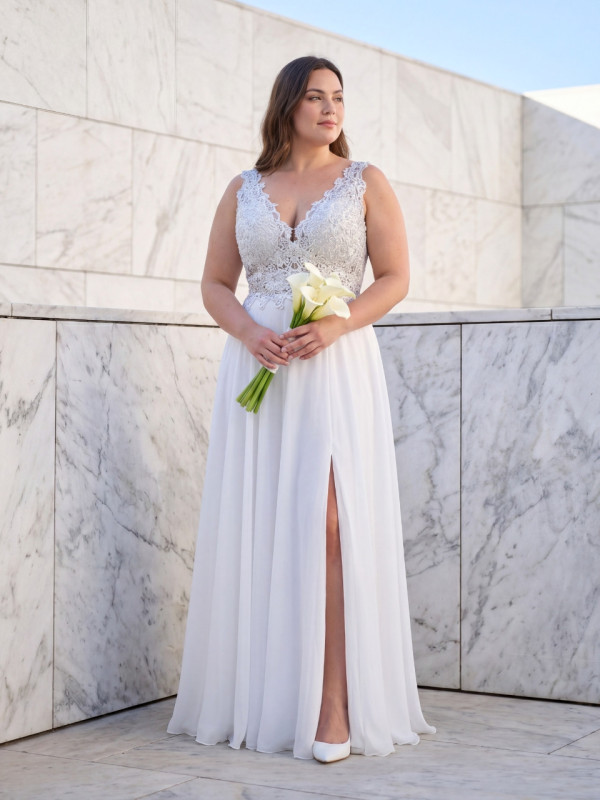 Vestido de novia barato con encaje y abertura | Modelo Gala Tallas Grandes – Vestidos Araya