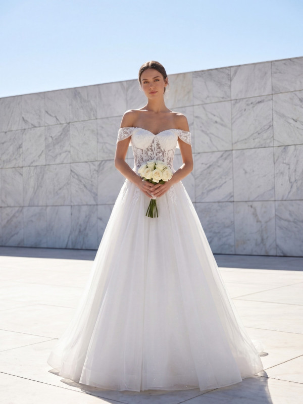 Vestido de novia premium de tul con encaje y escote corazón | Vestidos Araya