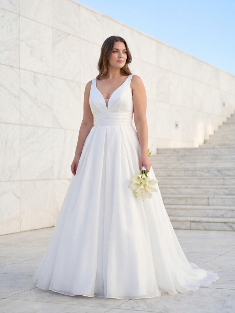 Vestido de novia premium fluido con cola larga y escote en V | Vestidos Araya