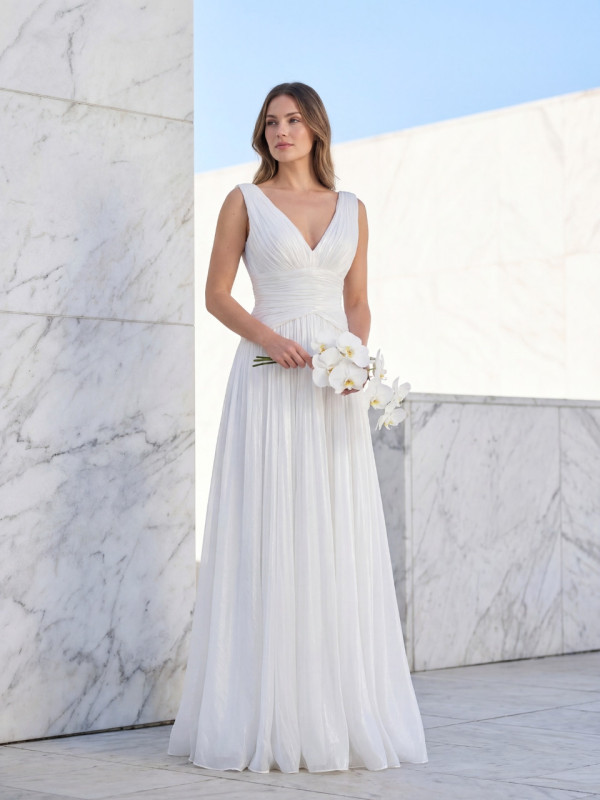 Vestido de novia barato fluido con escote en V y falda plisada | Vestidos Araya