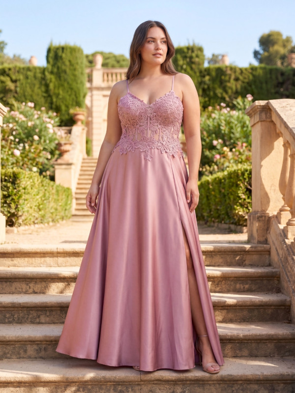 Vestido invitada talla grande satén y encaje rosa con abertura | Vestidos Araya