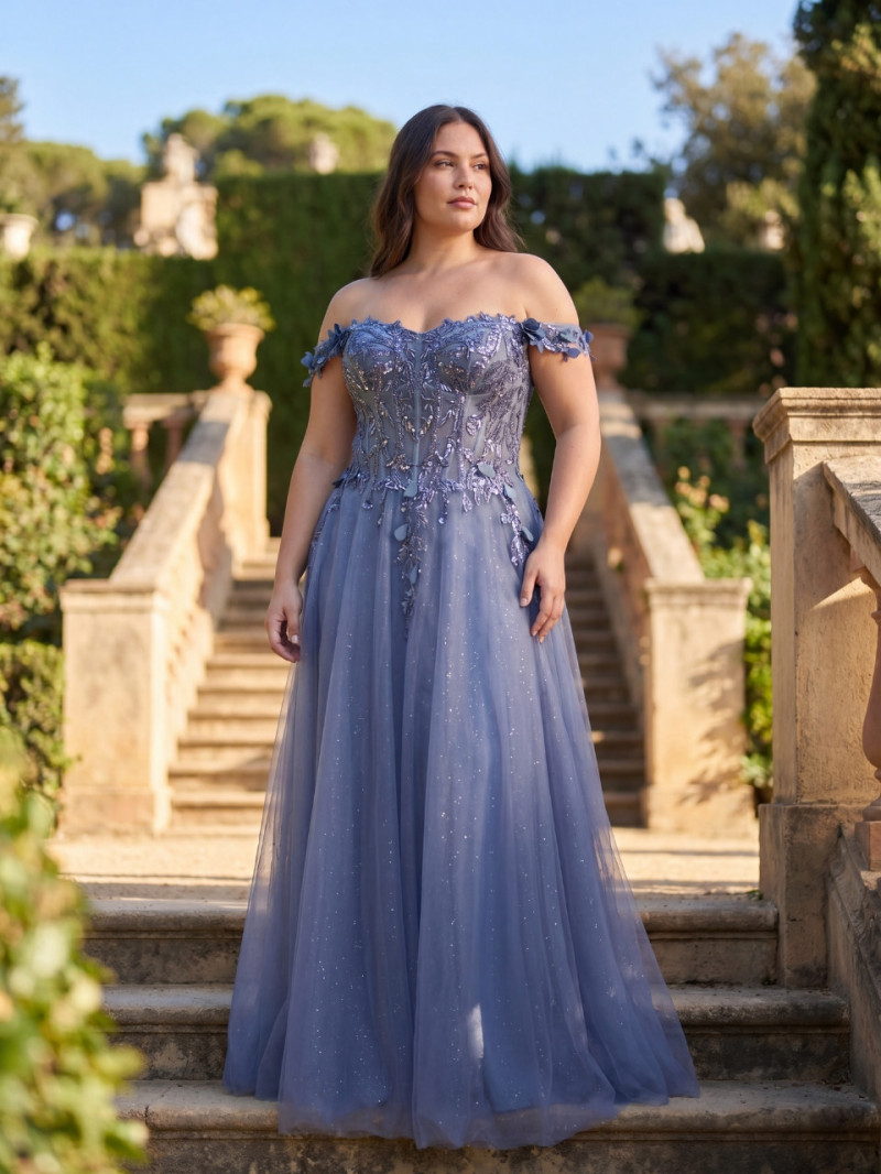 Vestido invitada talla grande tul azul | Araya Talla Grande