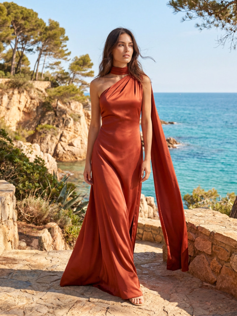 Vestido de invitada terracota satinado con escote asimétrico