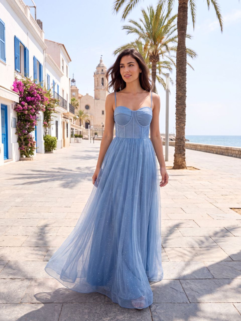 Vestido largo azul noche tul brillo | Invitada y dama de honor – Vestidos Araya