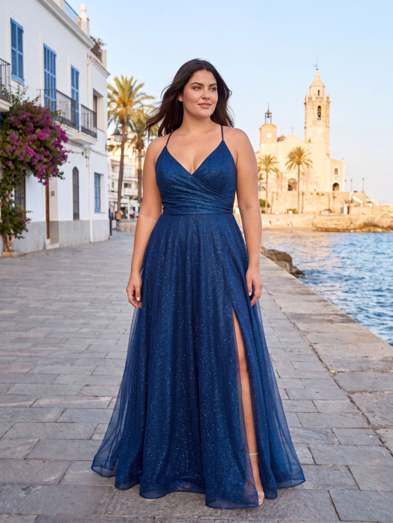 Vestido de invitada talla grande tul  brillo con abertura | Vestidos Araya
