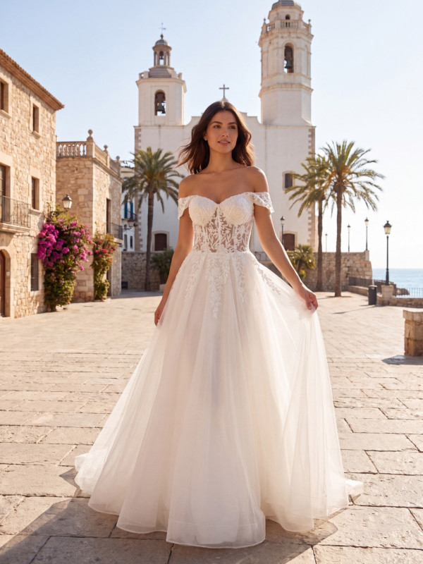 Vestido de novia premium de tul con encaje y escote corazón | Vestidos Araya